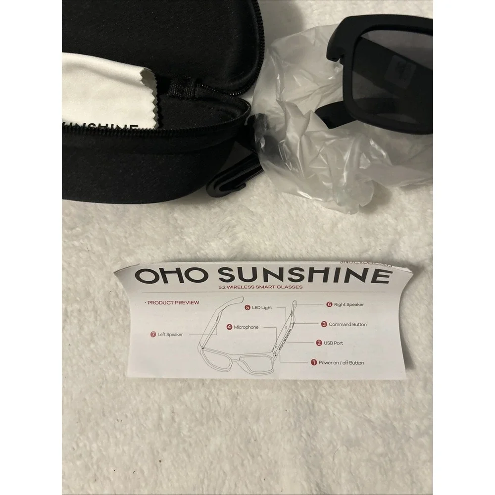 Oho Sunshine Smart Glasses 5.2 Wireless Elite Model Case Cloth All Black NEW